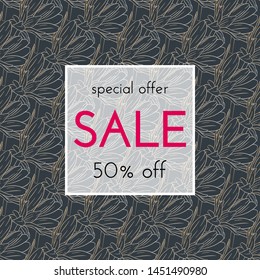 Sale floral cards. Plant in blossom, branch with flower ink sketch. Fashion print for a banner, shopping, discount, invitation. Vector illustration for your social media template design