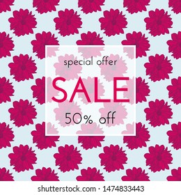 Sale floral cards. Plant in blossom, branch with flower ink sketch. Fashion print for a banner, shopping, discount, invitation. Vector illustration for your social media template design