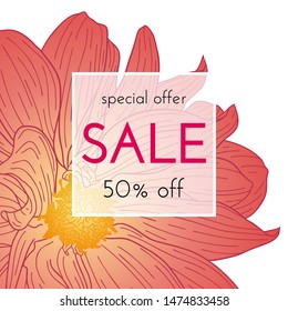 Sale floral cards. Plant in blossom, branch with flower ink sketch. Fashion print for a banner, shopping, discount, invitation. Vector illustration for your social media template design