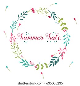 Sale floral wreath with hand drawn elements ant text