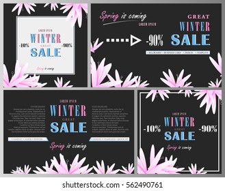 Sale flyer design set with floral elements on a black background