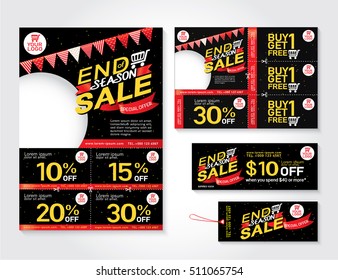 Sale flyer, promotions coupon or banner design with best discount offers, End of year sale, Template background size A4, A5, Vector EPS10.