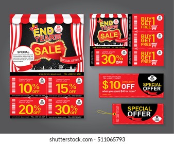 Sale flyer, promotions coupon or banner design with best discount offers, End of year sale, Template background size A4, A5, Vector EPS10.