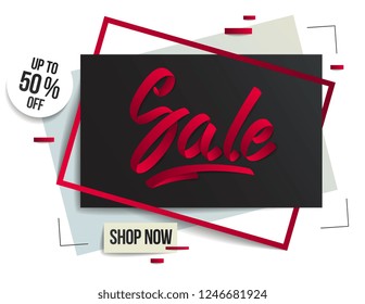 Sale flyer template with lettering, poster, card, banner, advertising design, moderate colors vector modern style cartoon paper cut 3d illustration.