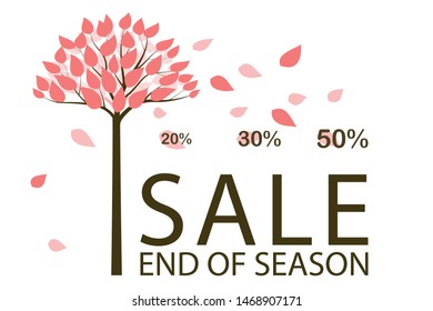 Sale flyer template. The wind blows and rips leaves from the tree. Applicable as poster, flyer, card, label, background, banner. Special seasonal offer. Discount in autumn, fall. Vector illustration