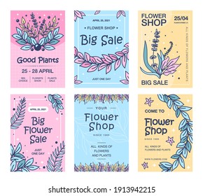 Sale flyers with flowers set. Leaves, buds, sprigs, plants vector illustrations with text and date. Florist or plant shop, spring concept for leaflets and posters design