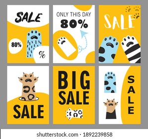 Sale flyers set with animal foot. Cat paws vector illustrations with text and percentage on white and yellow background. Friendly cafe or pet shop concept for posters and invitation cards design