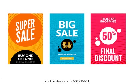 Sale flyers set with discount offer. Season best price poster template. Market banners shopping big discounts.