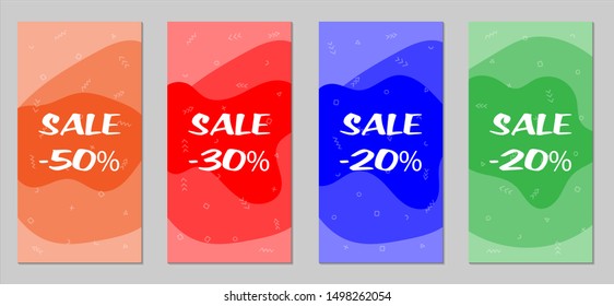 Sale Flyers. Set of Vintage Colorful Posters with Fun Elements, Hand Drawn Memphis Figures and Blobs. Red, Green, Orange and Blue Design for Sale Brochures. Sale Ads.
