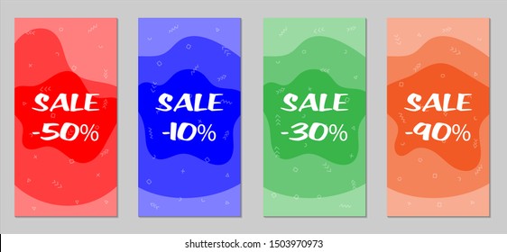 Sale Flyers. Set of Vintage Colorful Posters with Fun Elements, Hand Drawn Memphis Figures and Blobs. Red, Green, Orange and Blue Design for Sale Brochures. Sale Ads.