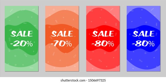Sale Flyers. Set of Vintage Colorful Posters with Fun Elements, Hand Drawn Memphis Figures and Blobs. Red, Green, Orange and Blue Design for Sale Brochures. Sale Ads.