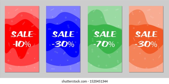 Sale Flyers. Set of Vintage Colorful Posters with Fun Elements, Hand Drawn Memphis Figures and Blobs. Red, Green, Orange and Blue Design for Sale Brochures. Sale Ads.