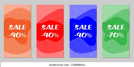 Sale Flyers. Set of Vintage Colorful Posters with Fun Elements, Hand Drawn Memphis Figures and Blobs. Red, Green, Orange and Blue Design for Sale Brochures. Sale Ads.