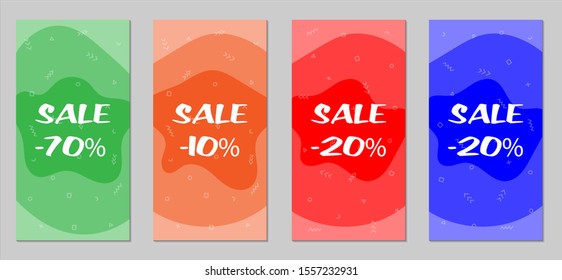 Sale Flyers. Set of Vintage Colorful Posters with Fun Elements, Hand Drawn Memphis Figures and Blobs. Red, Green, Orange and Blue Design for Sale Brochures. Sale Ads.