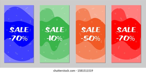 Sale Flyers. Set of Vintage Colorful Posters with Fun Elements, Hand Drawn Memphis Figures and Blobs. Red, Green, Orange and Blue Design for Sale Brochures. Sale Ads.