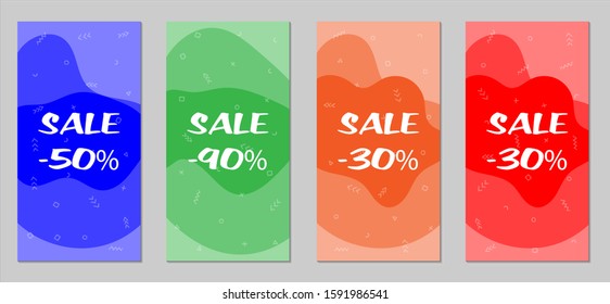 Sale Flyers. Set of Vintage Colorful Posters with Fun Elements, Hand Drawn Memphis Figures and Blobs. Red, Green, Orange and Blue Design for Sale Brochures. Sale Ads.
