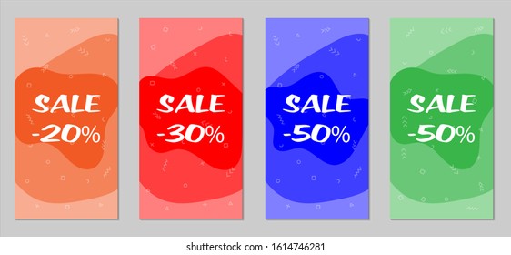 Sale Flyers. Set of Vintage Colorful Posters with Fun Elements, Hand Drawn Memphis Figures and Blobs. Red, Green, Orange and Blue Design for Sale Brochures. Sale Ads.