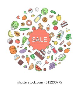 Sale food and drink circle outline illustration. Clean and simple design.