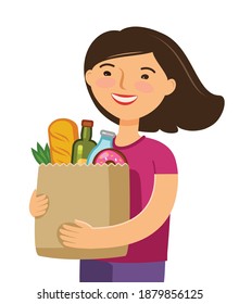 Sale of food. Girl holding paper bag with foodstuffs