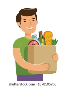 Sale of food. Young man holding paper bag with foodstuffs