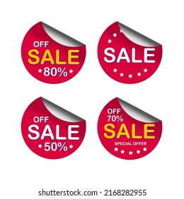 Sale of four tags Set with Sale up to 50%, 80% off text on circle tags. Vector illustration.