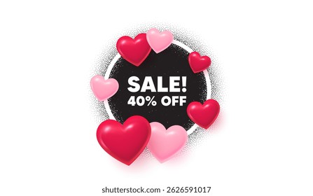 Banner de amor quadro de venda. Moldura de foto do círculo. Venda 40 por cento de desconto. Sinal de oferta de preço promocional. Símbolo do selo de varejo. balões de corações 3d. Padrão de pontos de grão. Vetor