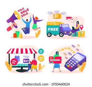 Sale for free delivery, business service for people order vector illustration. Online retail technology, man courier bring box to customer home