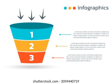 Sale funnel, conversion cone, marketing chart or diagram template with 3 steps or levels. Business pyramid design for infographic. Vector illustration.