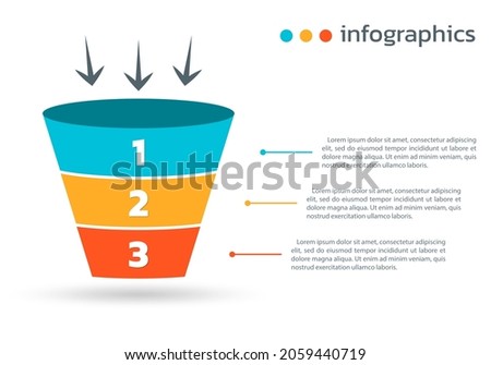 Sale funnel, conversion cone, marketing chart or diagram template with 3 steps or levels. Business pyramid design for infographic. Vector illustration.