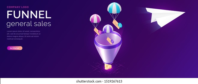 Sale funnel and email message service, isometric concept vector. Flying paper plane, parachuting icon envelopes in filter funnel, ultraviolet webpage for email marketing company, sending notifications