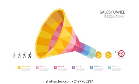 sale funnel geometric 6 level steps to goal. infographic template for business, presentation vector infographics.