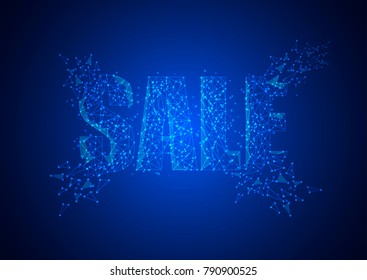 Sale. Funnel low poly wireframe isolated black on blue background. Abstract mash line and point origami. Vector illustration. Big datta or sales funnel concept with geometry triangle.