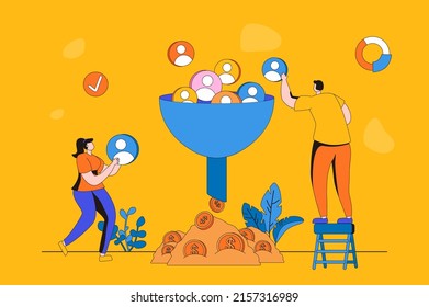 Concepto de web de embudo de venta en diseño plano 2d. El hombre y la mujer atraen nuevos clientes y se convierten en compras y ventas. Herramienta de marketing para comercio y negocios. Ilustración vectorial con escena de personas