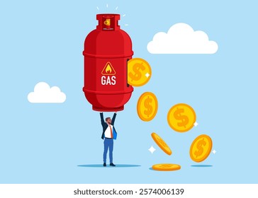 Sale of gas and fuels. Businessman holding gas cylinder with leaking dollar coins. Lose money from gas costs. Modern flat vector illustration.