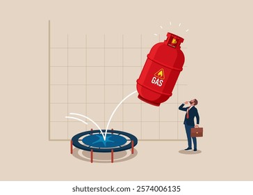 Sale of gas products and fuels. Gas cylinder bounce back on the trampoline rising. Modern vector illustration in flat style