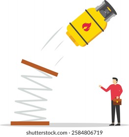 Sale of gas products and fuels. Gas cylinder bounce back on the trampoline rising. Modern vector illustration in flat style

