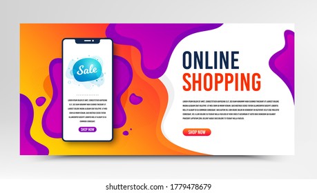 Sale geometric badge. Phone screen mockup fluid banner. Discount banner shape. Coupon bubble icon. Social media banner with smartphone screen. Shopping mockup web template. Vector