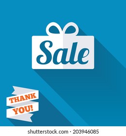 Sale gift box sign icon. Special offer symbol. White flat icon with long shadow. Paper ribbon label with Thank you text. Vector