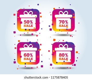 Sale gift box tag icons. Discount special offer symbols. 50%, 60%, 70% and 80% percent sale signs. Colour gradient square buttons. Flat design concept. Vector