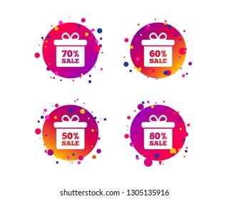 Sale gift box tag icons. Discount special offer symbols. 50%, 60%, 70% and 80% percent sale signs. Gradient circle buttons with icons. Random dots design. Vector