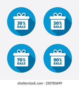 Sale gift box tag icons. Discount special offer symbols. 30%, 50%, 70% and 90% percent sale signs. Circle concept web buttons. Vector