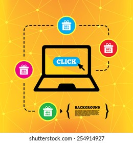 Sale gift box tag icons. Discount special offer symbols. 10%, 20%, 30% and 40% percent sale signs. Notebook device orange background with icons. Vector