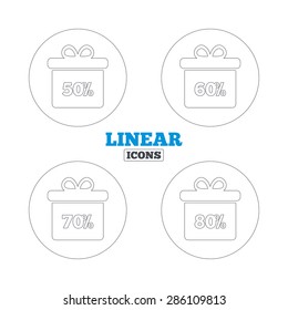 Sale gift box tag icons. Discount special offer symbols. 50%, 60%, 70% and 80% percent discount signs. Linear outline web icons. Vector