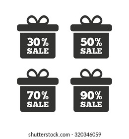 Sale gift box tag icons. Discount special offer symbols. 30%, 50%, 70% and 90% percent sale signs. Flat icons on white. Vector