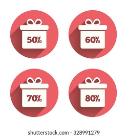 Sale gift box tag icons. Discount special offer symbols. 50%, 60%, 70% and 80% percent discount signs. Pink circles flat buttons with shadow. Vector