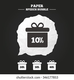 Sale gift box tag icons. Discount special offer symbols. 10%, 20%, 30% and 40% percent discount signs. Paper speech bubble with icon.