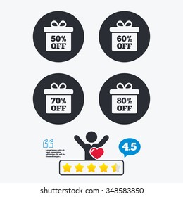 Sale gift box tag icons. Discount special offer symbols. 50%, 60%, 70% and 80% percent off signs. Star vote ranking. Client like and think bubble. Quotes with message.