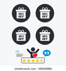 Sale gift box tag icons. Discount special offer symbols. 10%, 20%, 30% and 40% percent off signs. Star vote ranking. Client like and think bubble. Quotes with message.