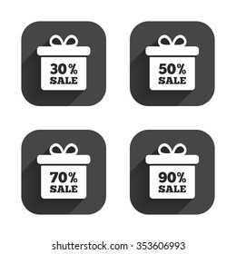 Sale gift box tag icons. Discount special offer symbols. 30%, 50%, 70% and 90% percent sale signs. Square flat buttons with long shadow.