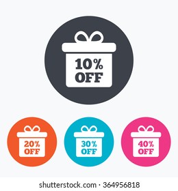 Sale gift box tag icons. Discount special offer symbols. 10%, 20%, 30% and 40% percent off signs. Circle flat buttons with icon.